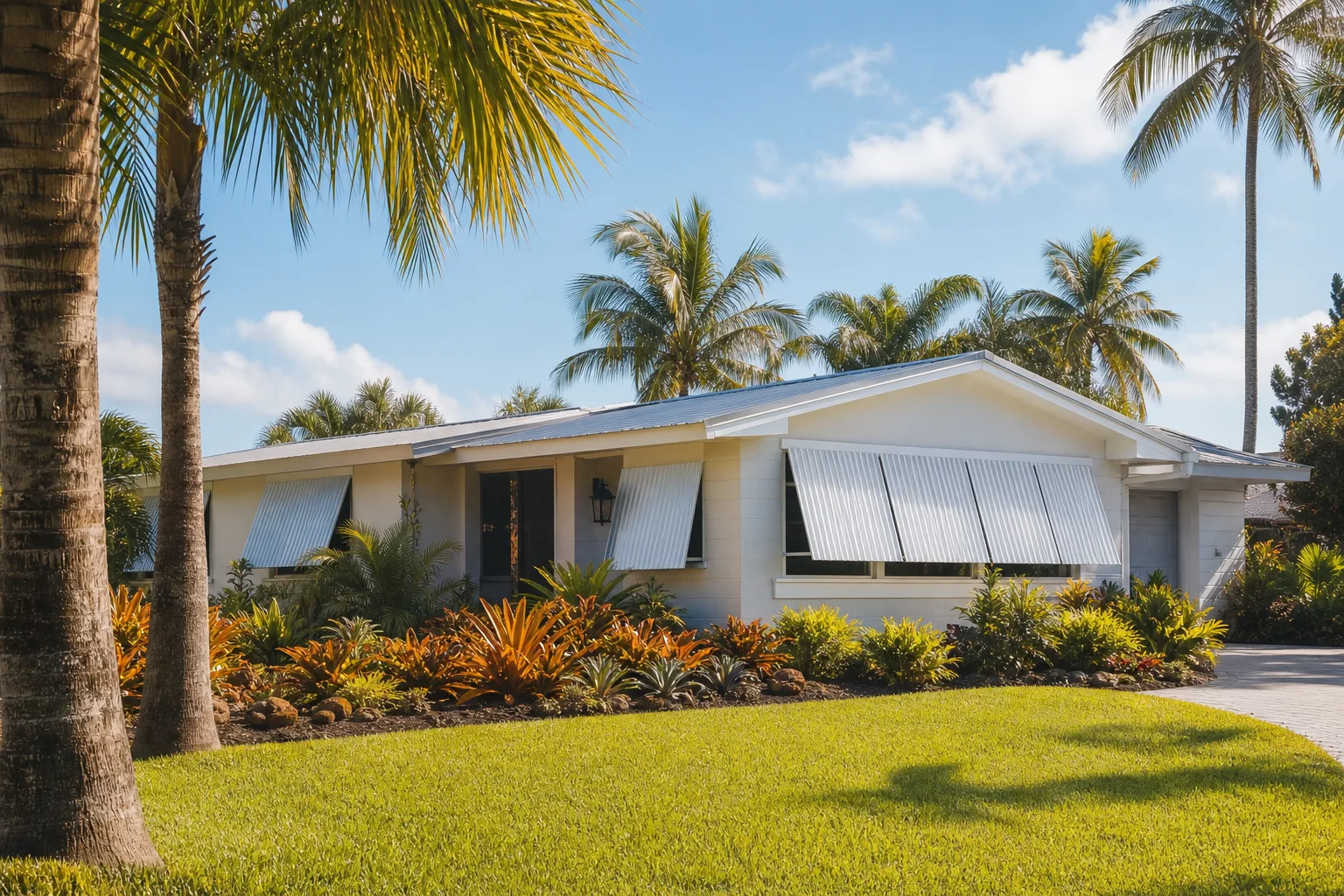 White single-story Florida ranch home with accordion hurricane shutters, lush tropical landscaping, palm trees, sunny day.