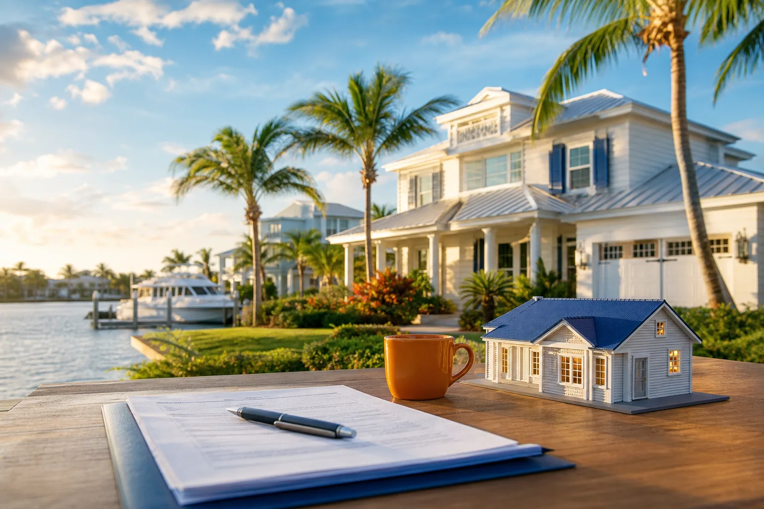Outdoor table with document, pen, coffee mug, and house model; luxury Florida waterfront home with palm trees in background.