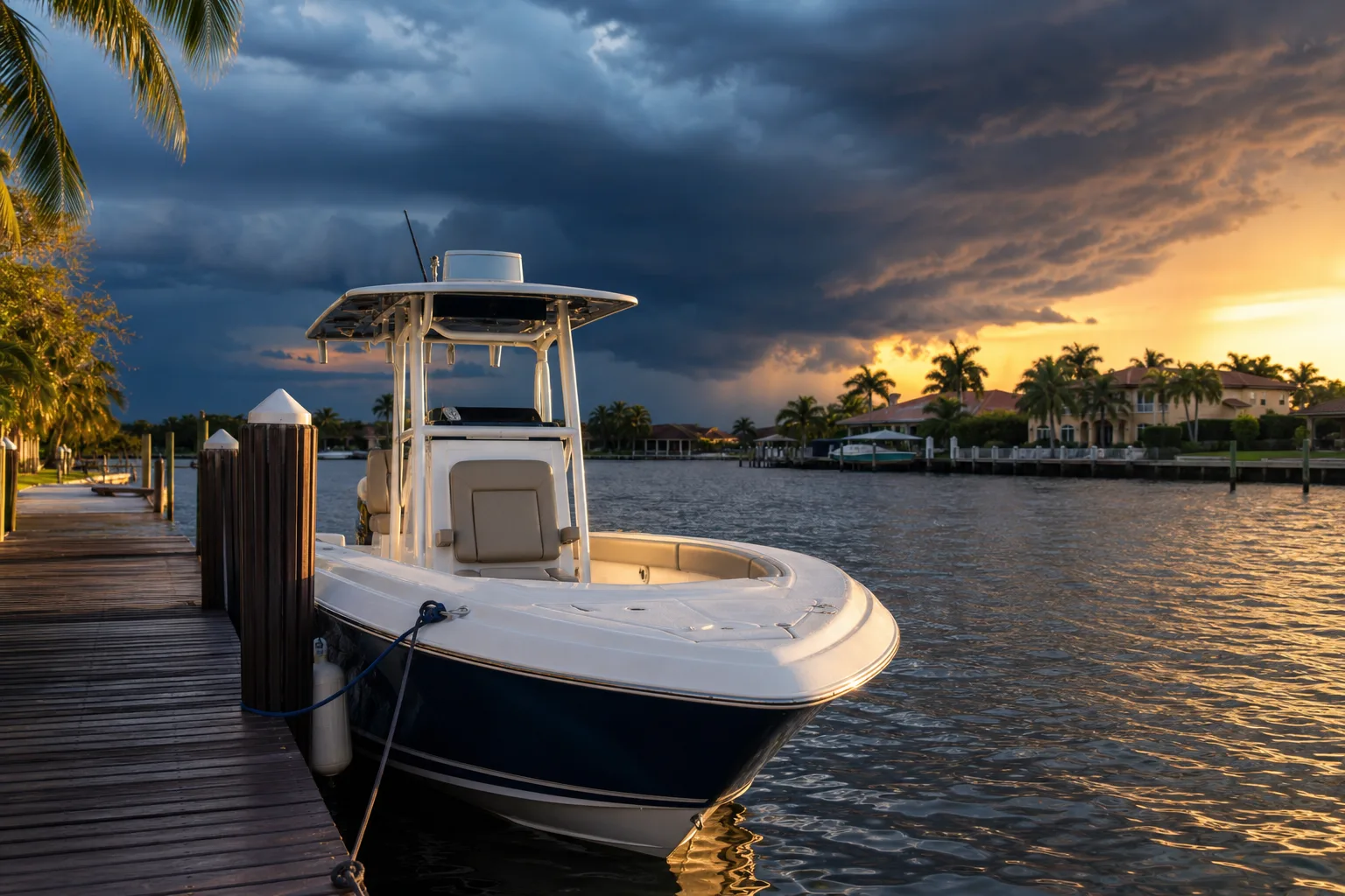 White and navy center console boat docked at wooden pier, dramatic storm clouds building at golden-hour sunset over waterway.