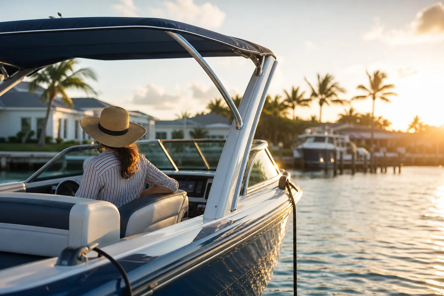 Woman in straw hat seated at helm of blue motorboat on calm waterway at sunset, luxury homes and palms in background.
