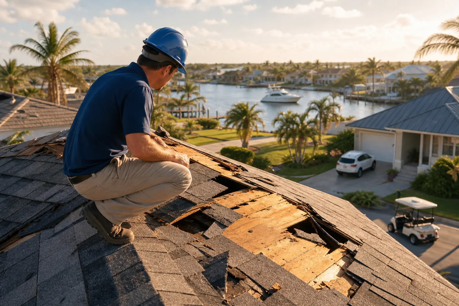 Roofer in blue hard hat inspects storm-damaged asphalt shingles with exposed wood decking on Florida waterfront home.