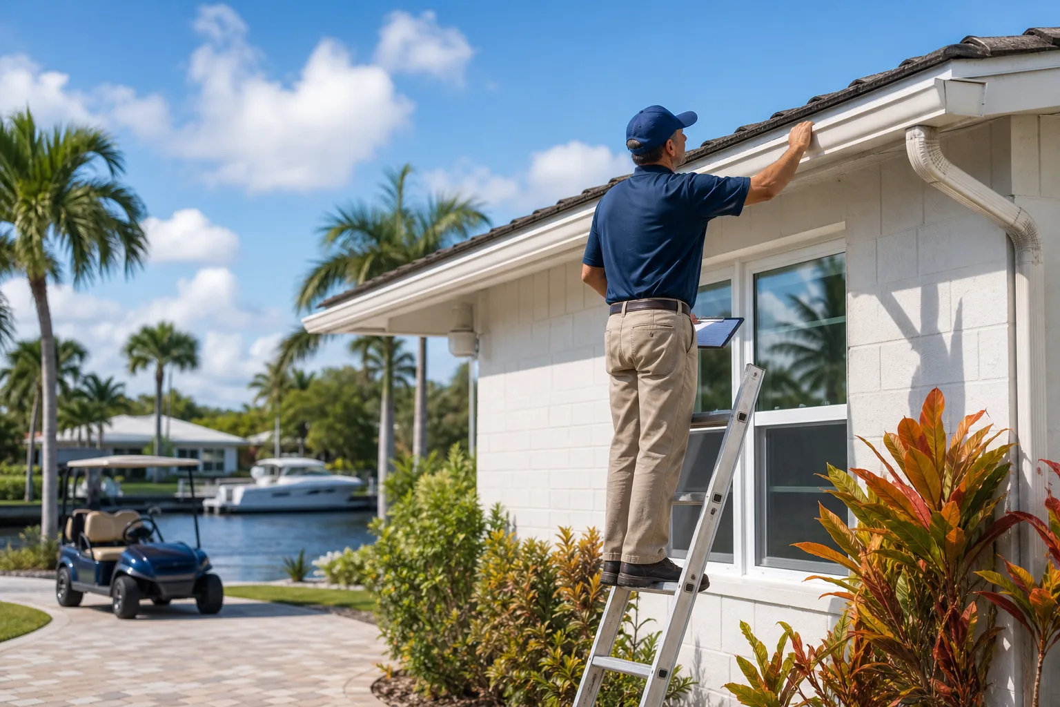 Home inspector in blue uniform on ladder examining roof edge and gutters of white concrete block Florida home on sunny day