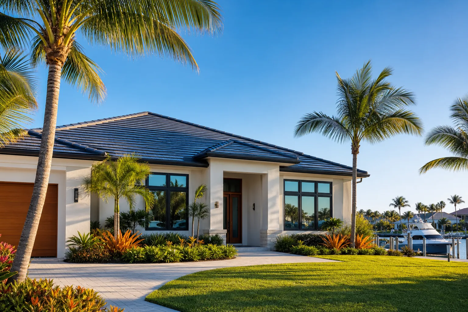 Modern Florida coastal home with dark hip roof, impact windows, white stucco, palm trees, tropical landscaping, and waterway with boat.