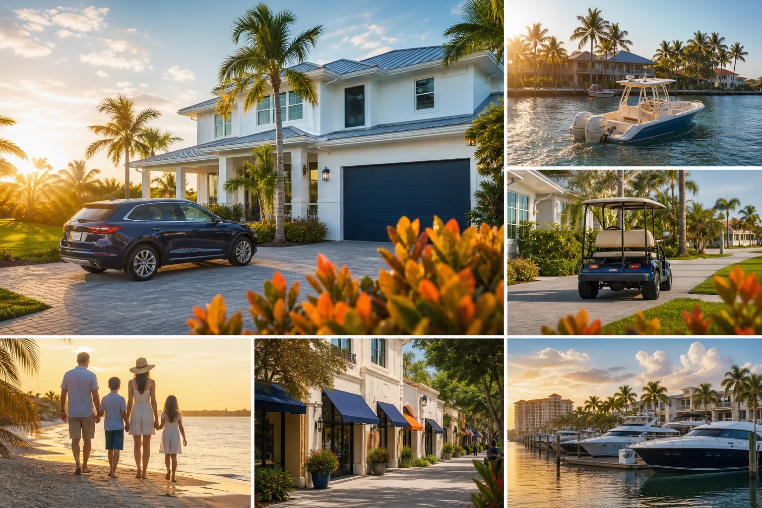 Collage of Florida coastal living: luxury home, speedboat, golf cart, family on beach, downtown shops, marina with yachts