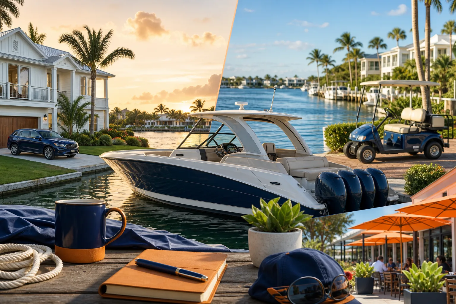 Composite image: luxury waterfront home, navy speedboat at dock, golf carts, outdoor café, and notebook with coffee mug on pier.