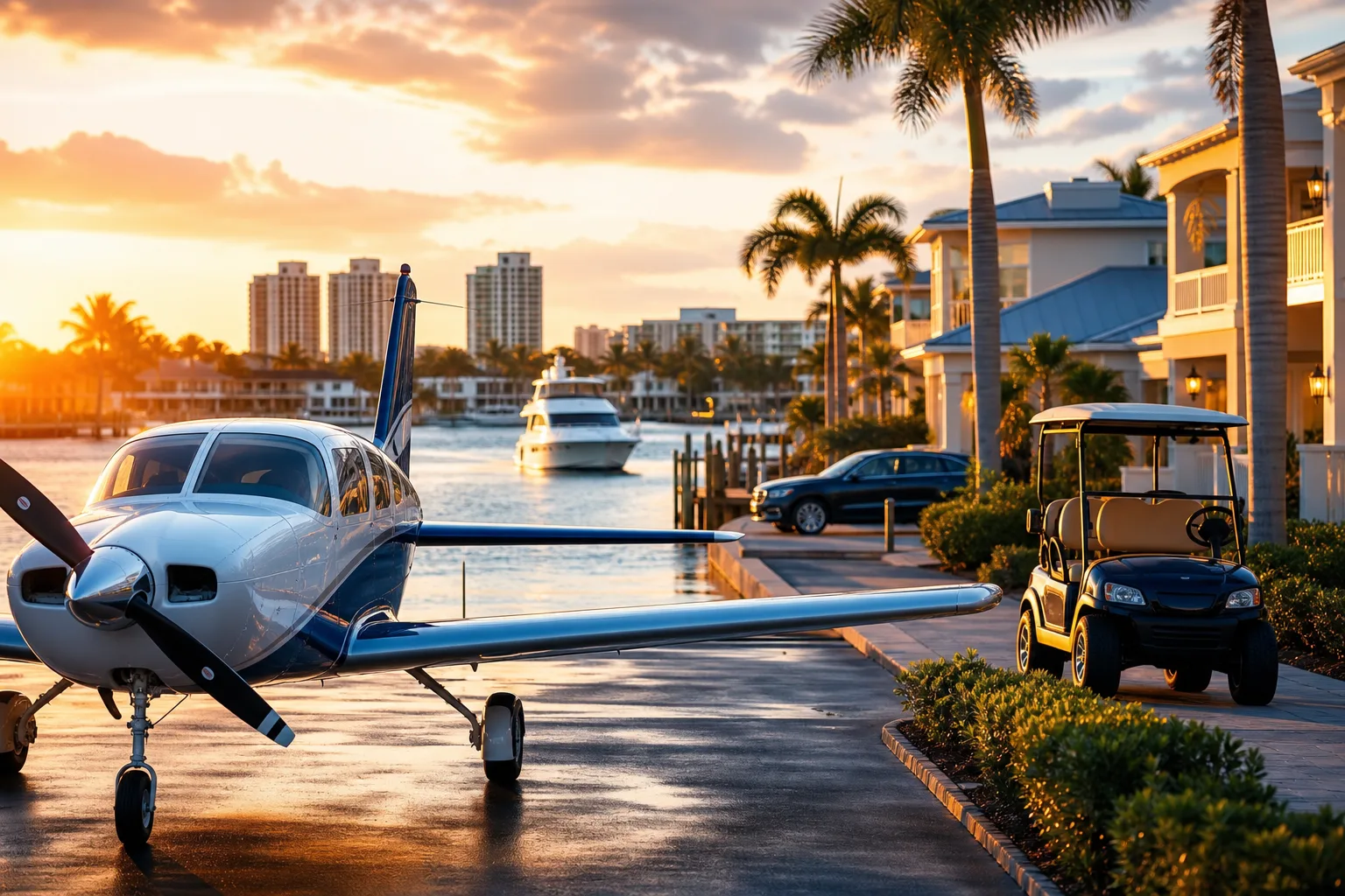 A small propeller aircraft parked on a waterfront driveway at sunset in a Florida luxury community, with a yacht, golf cart, and palm trees.