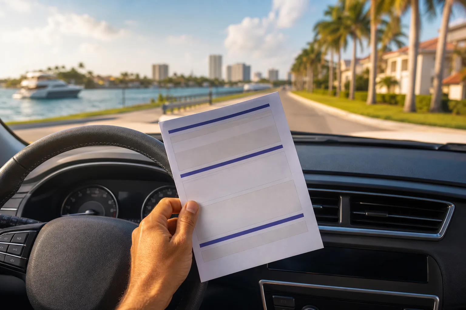 Hand holding a blank lined document beside a steering wheel, with a palm-tree-lined Florida waterway road ahead.