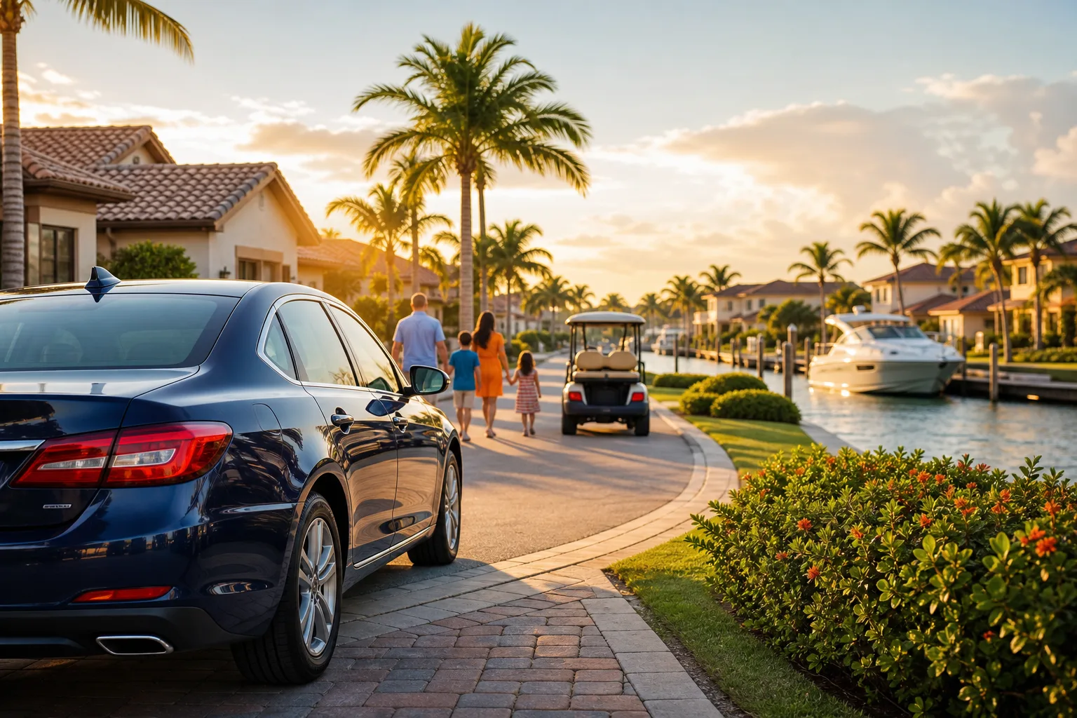Family walks past a parked navy sedan along a palm-lined waterfront street in a Florida luxury community at sunset.