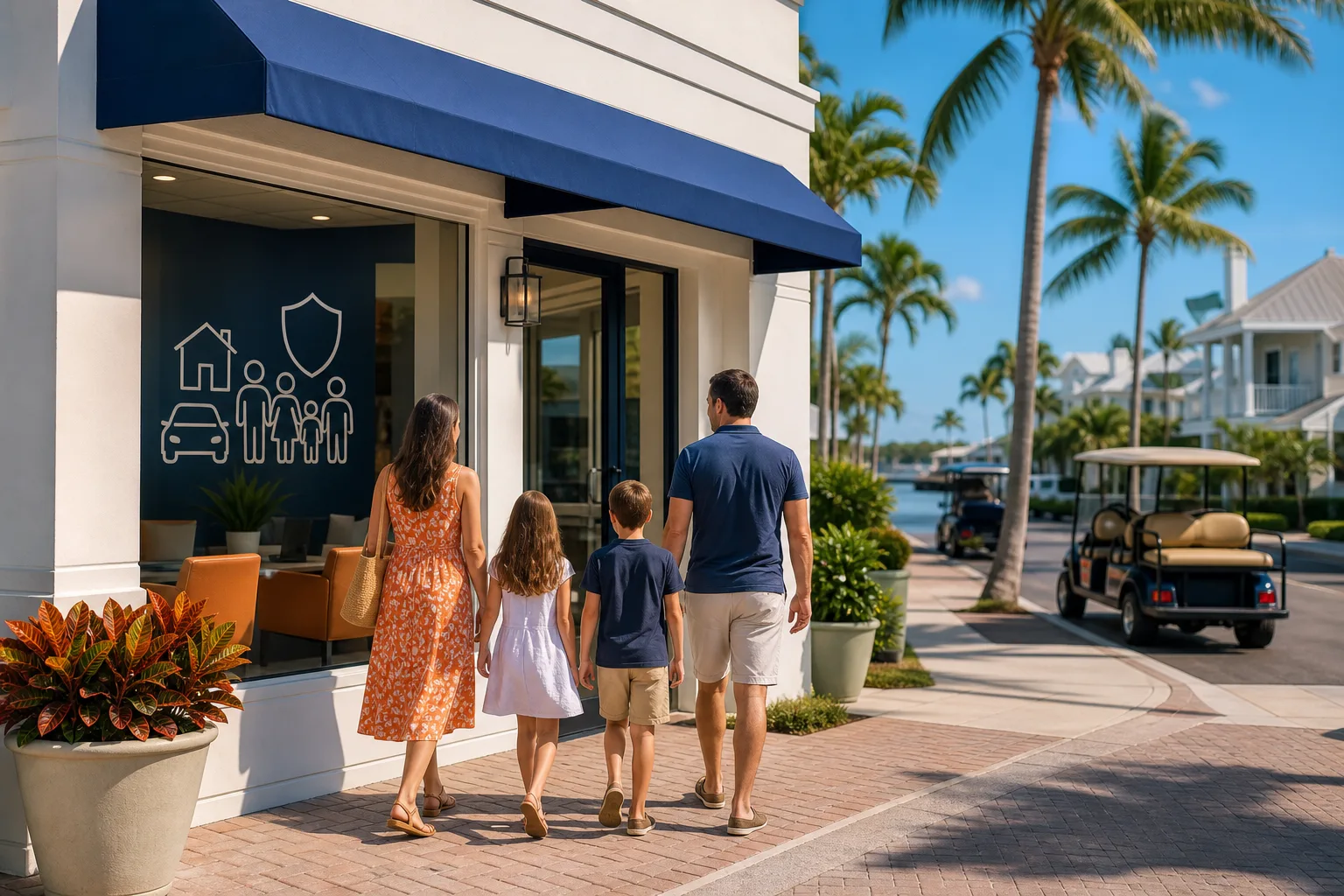 Family of four entering an insurance agency storefront with blue awning, palm trees, and waterway on a sunny South Florida street.