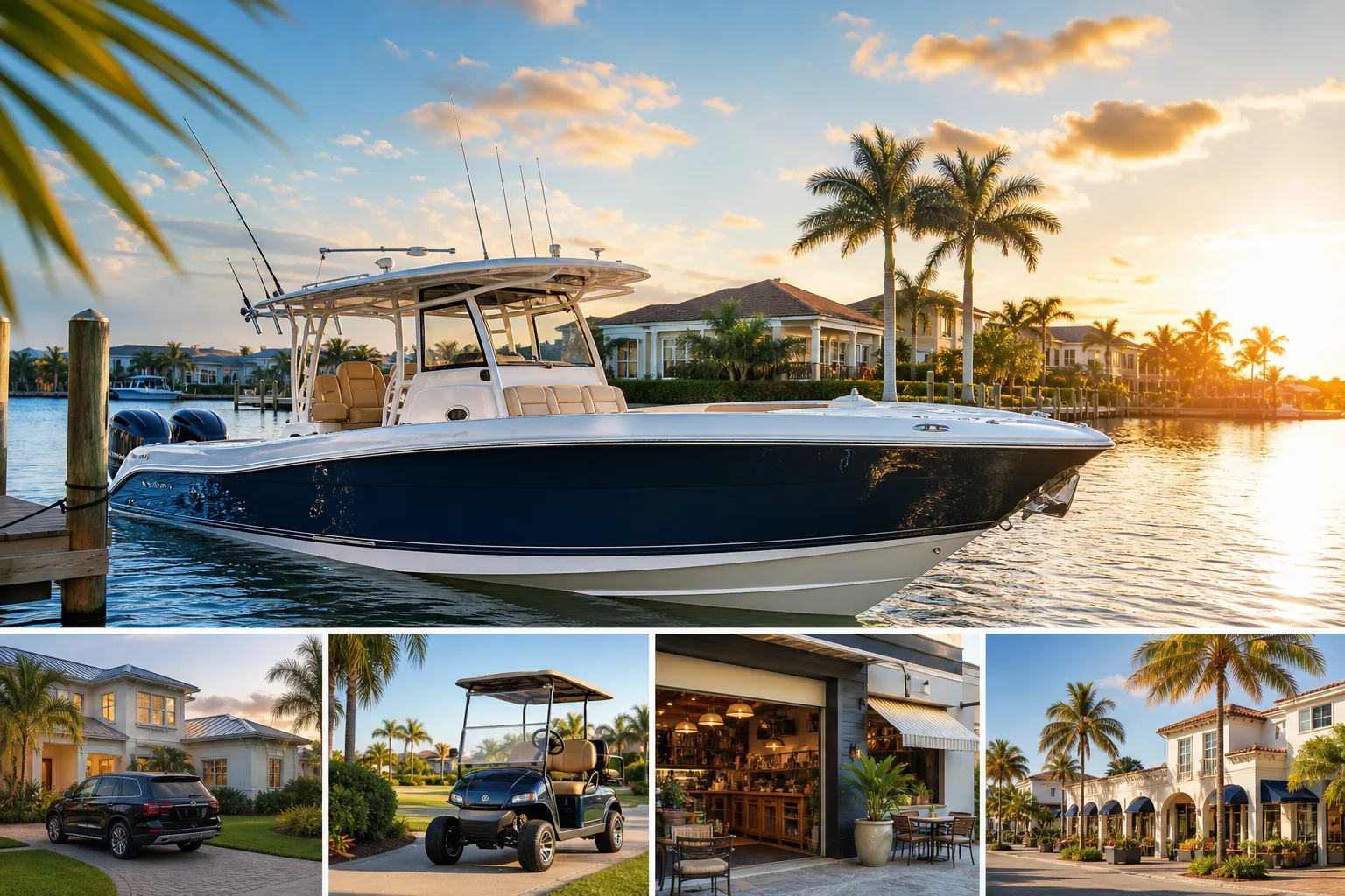 Collage of a navy center-console fishing boat docked at a Florida waterfront, luxury homes, golf cart, and shopping area.