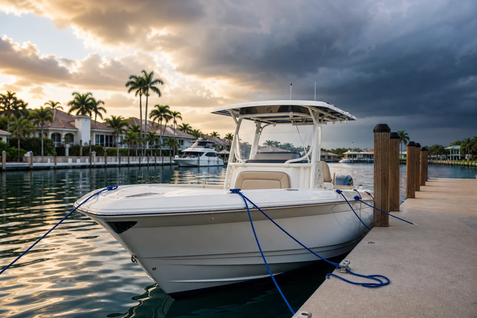 White center console boat tied with blue dock lines at a South Florida marina, dark storm clouds gathering at sunset.