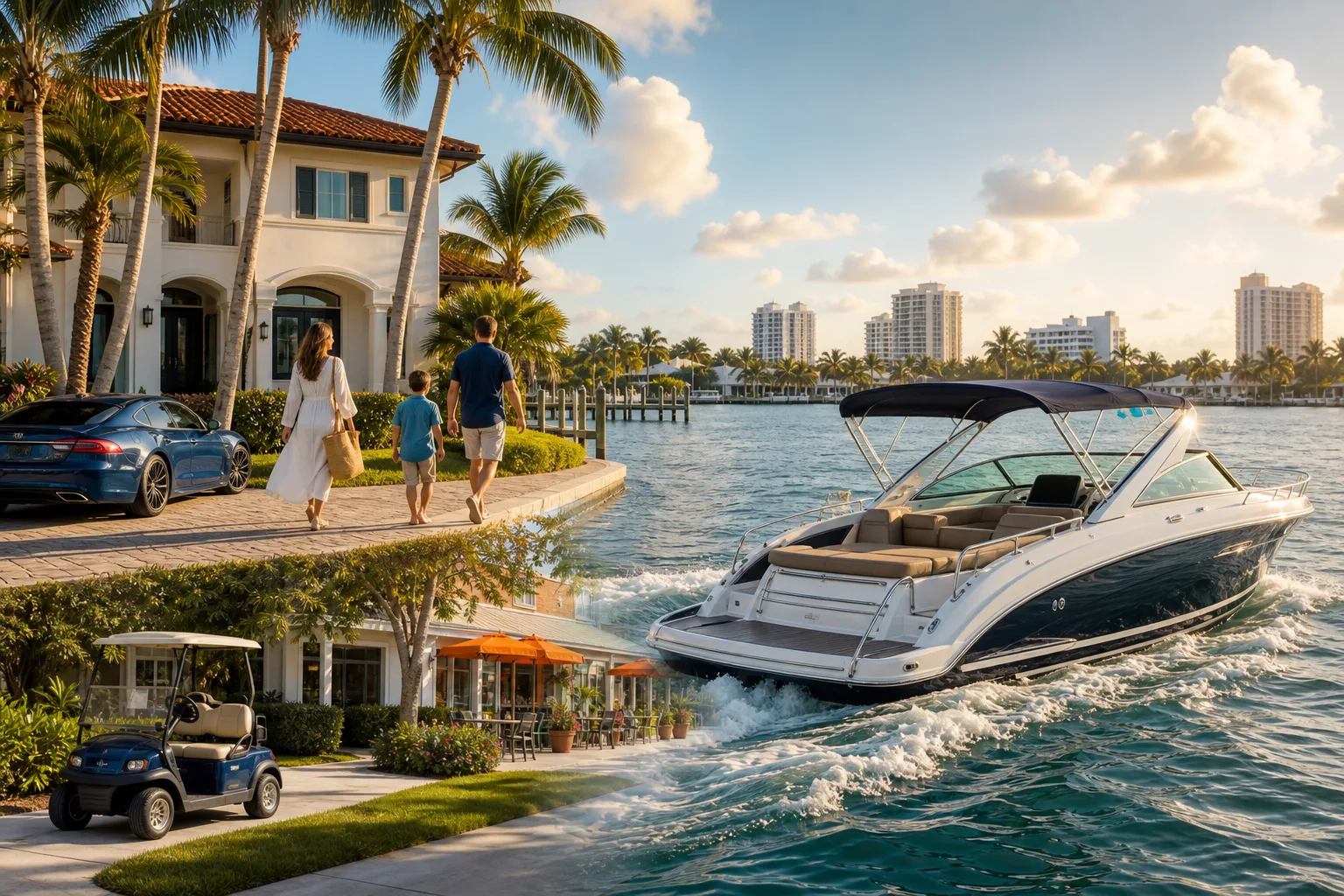 Family walks toward waterfront luxury home beside a speedboat on South Florida waterway, with golf cart and luxury car nearby.