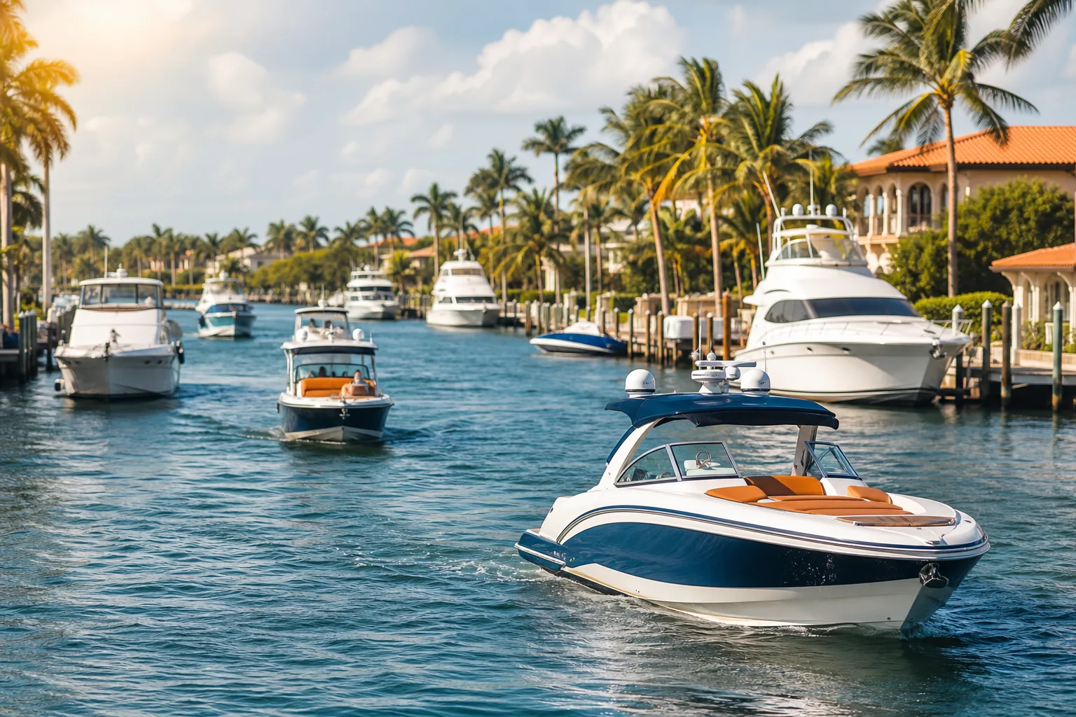 Multiple recreational boats navigate a sunny South Florida Intracoastal Waterway lined with palm trees and luxury homes.