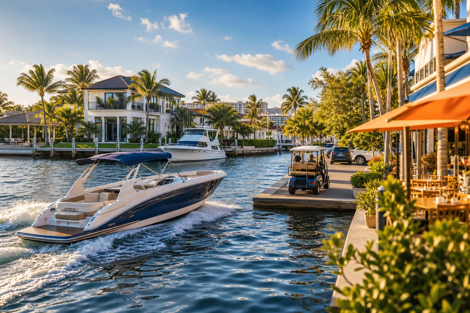 A blue-and-white speedboat cruises a Florida waterway past luxury homes, a docked yacht, and a waterfront restaurant with palm trees.