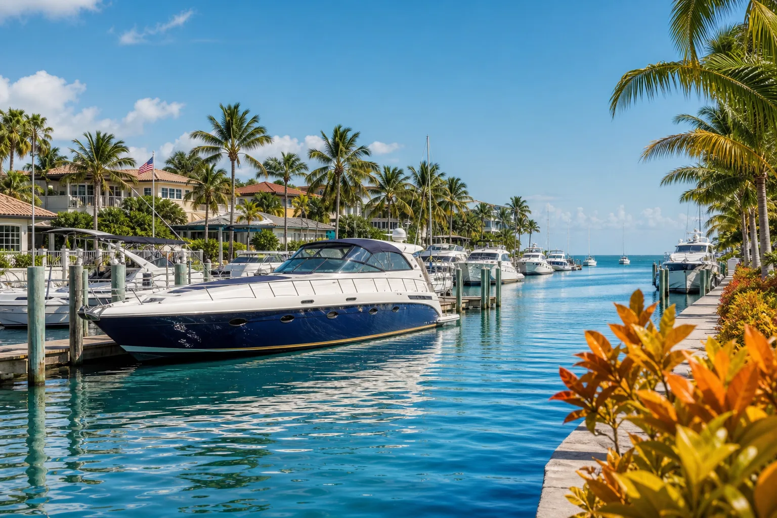 Blue-and-white motor yacht docked at a calm marina canal lined with palm trees and luxury homes on a sunny day.