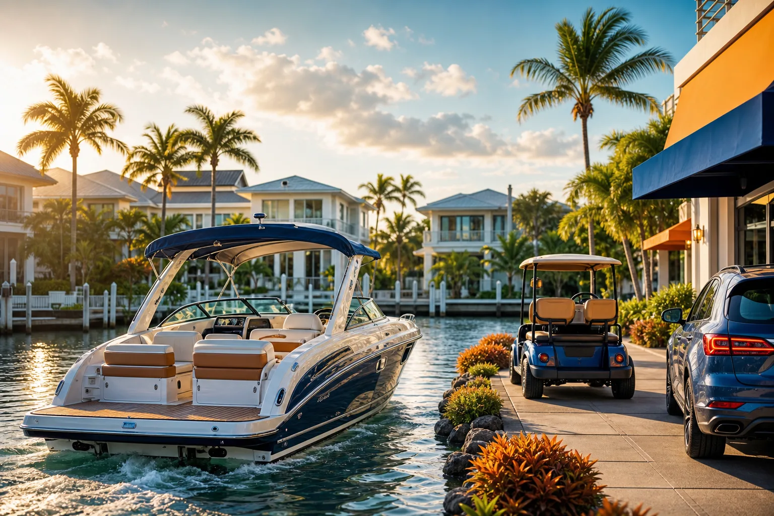 Luxury speedboat on a calm canal beside waterfront homes, golf cart, and SUV, with palm trees at golden hour in Florida.