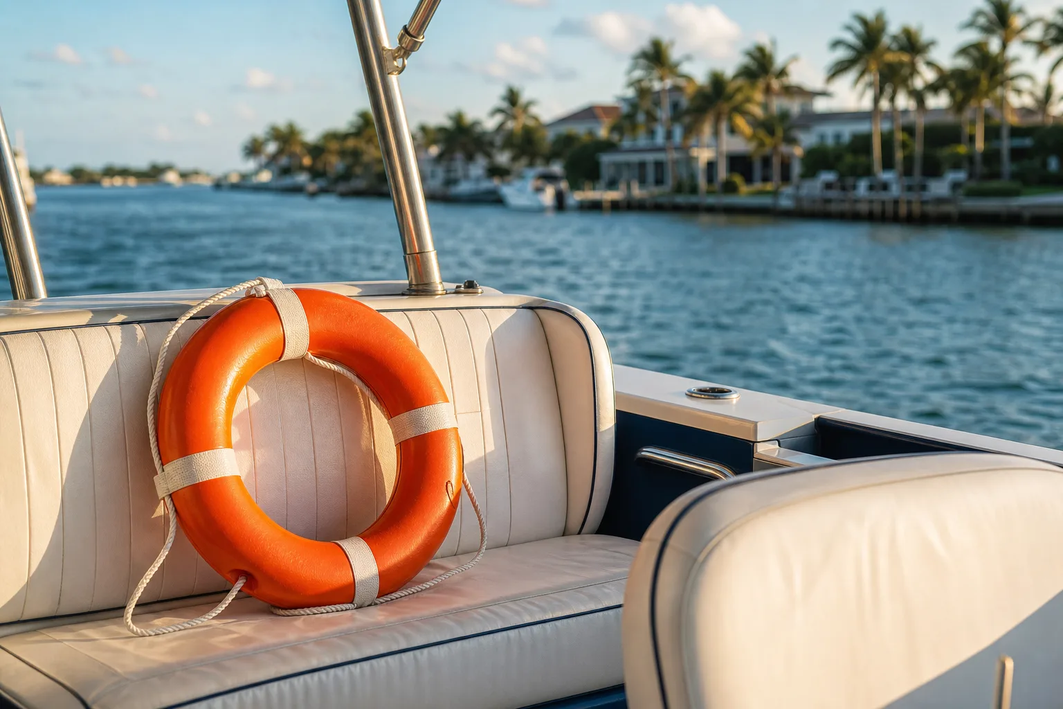Orange life preserver ring on white cushioned seat of luxury motorboat on calm waterway with palm-lined homes in background.