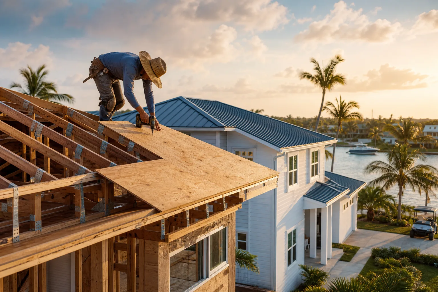 Worker using drill to install plywood sheathing on roof framing with metal hurricane straps, coastal Florida homes in background.