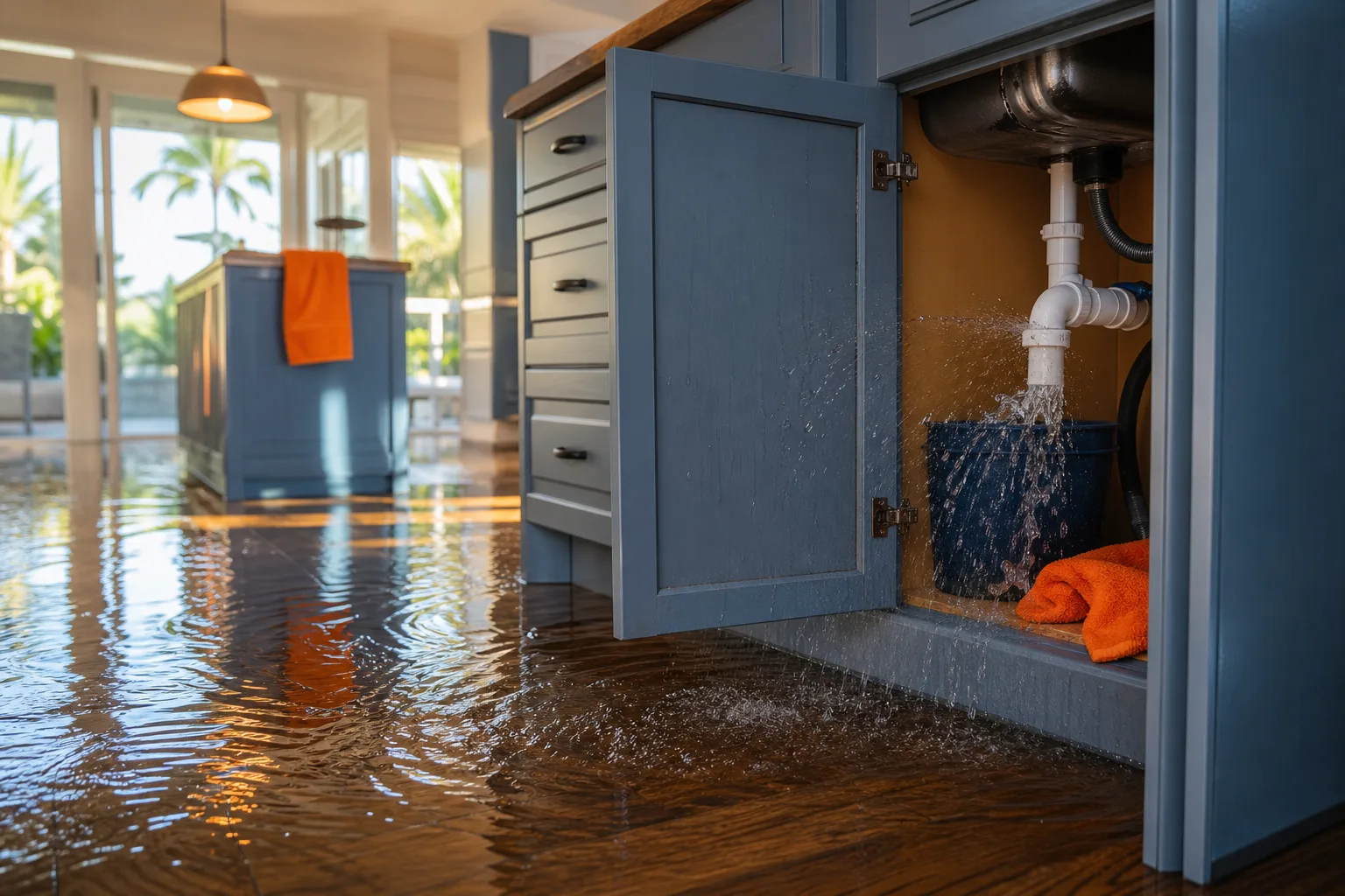 Burst pipe under blue kitchen sink cabinet spraying water, flooding hardwood floor with standing water and soaked orange towels.