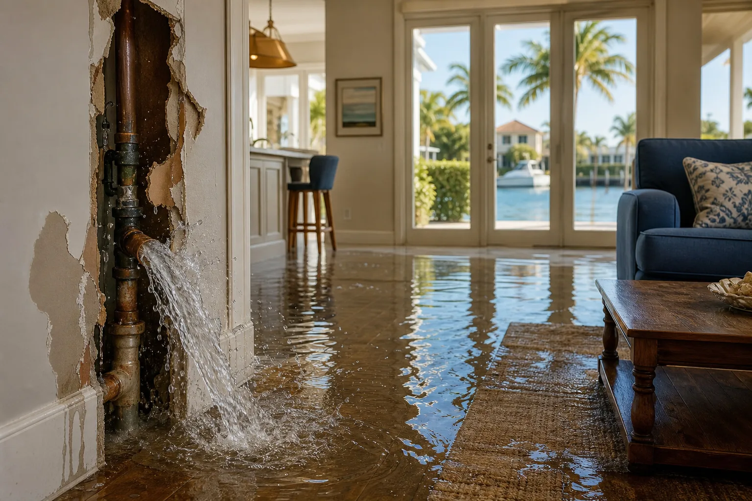 Burst copper pipe spraying water into a flooded luxury living room with hardwood floors, blue sofa, and waterfront view.