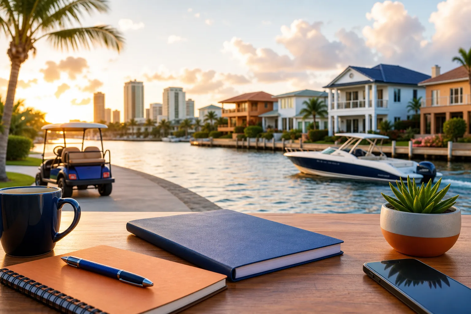Waterfront desk with notebook, coffee, pen, and phone overlooking canal with boat, golf cart, and luxury homes at sunset, Florida.