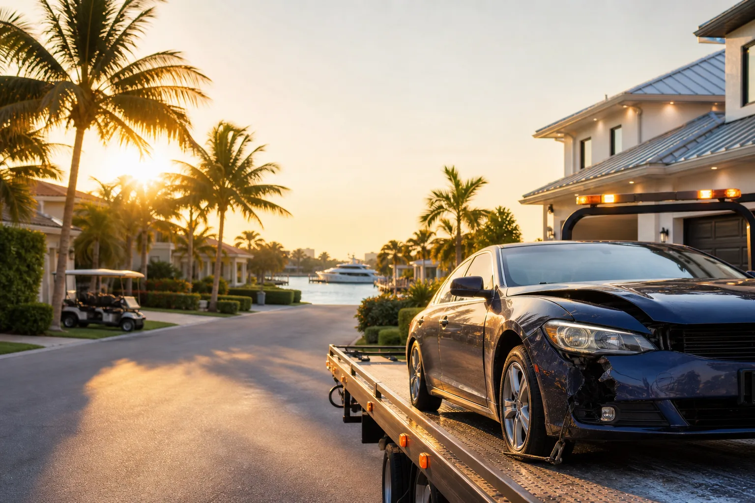 Damaged sedan loaded on a flatbed tow truck outside waterfront homes at sunset.