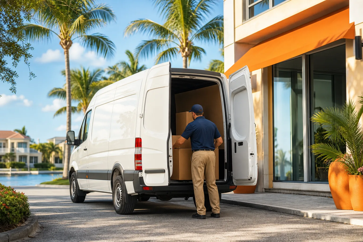 Delivery worker in blue uniform unloading cardboard boxes from white cargo van outside a Florida business with palm trees.