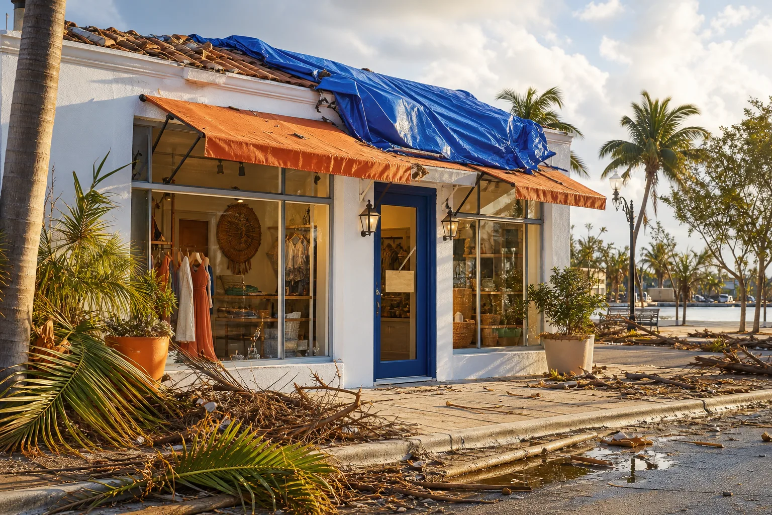 Storm-damaged boutique storefront with blue tarp on roof, orange awning, debris-strewn sidewalk, palm fronds scattered around.