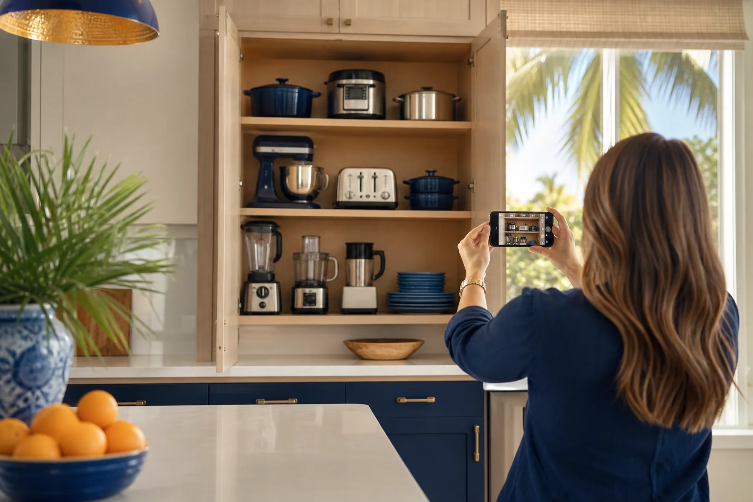 Woman in navy top photographs open kitchen cabinet with smartphone, shelves stocked with appliances and blue cookware.