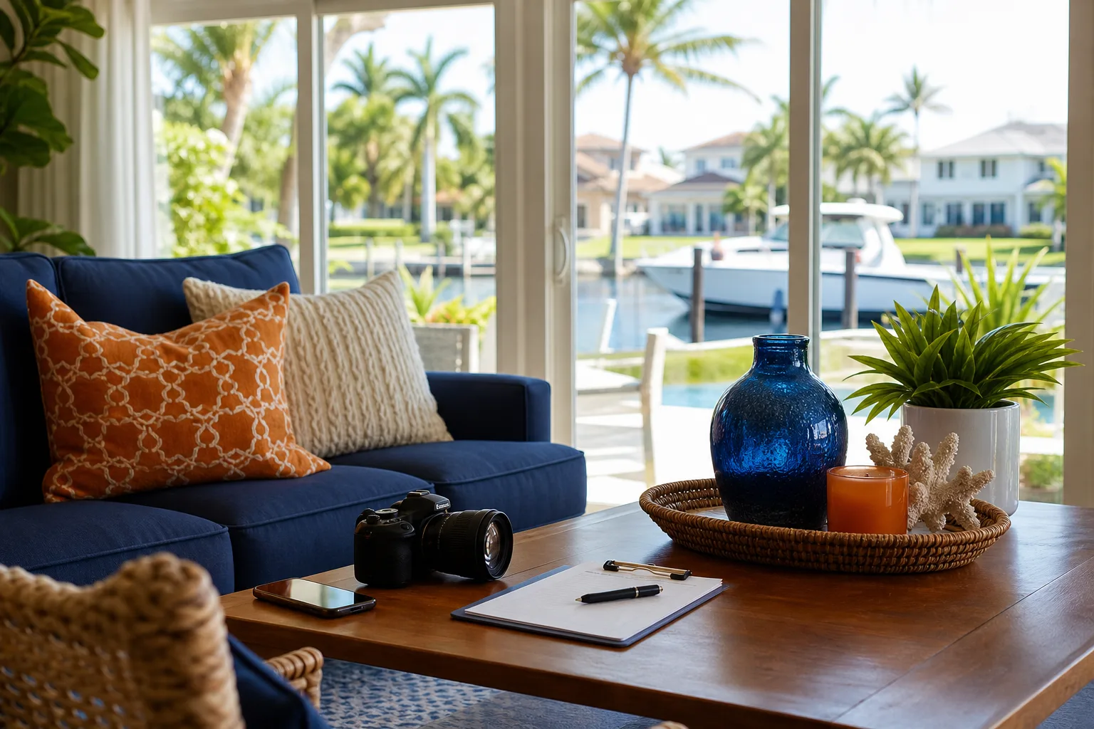 Coastal living room with camera, notepad, and phone on coffee table; blue sofa, wicker tray, and waterfront view with palm trees.