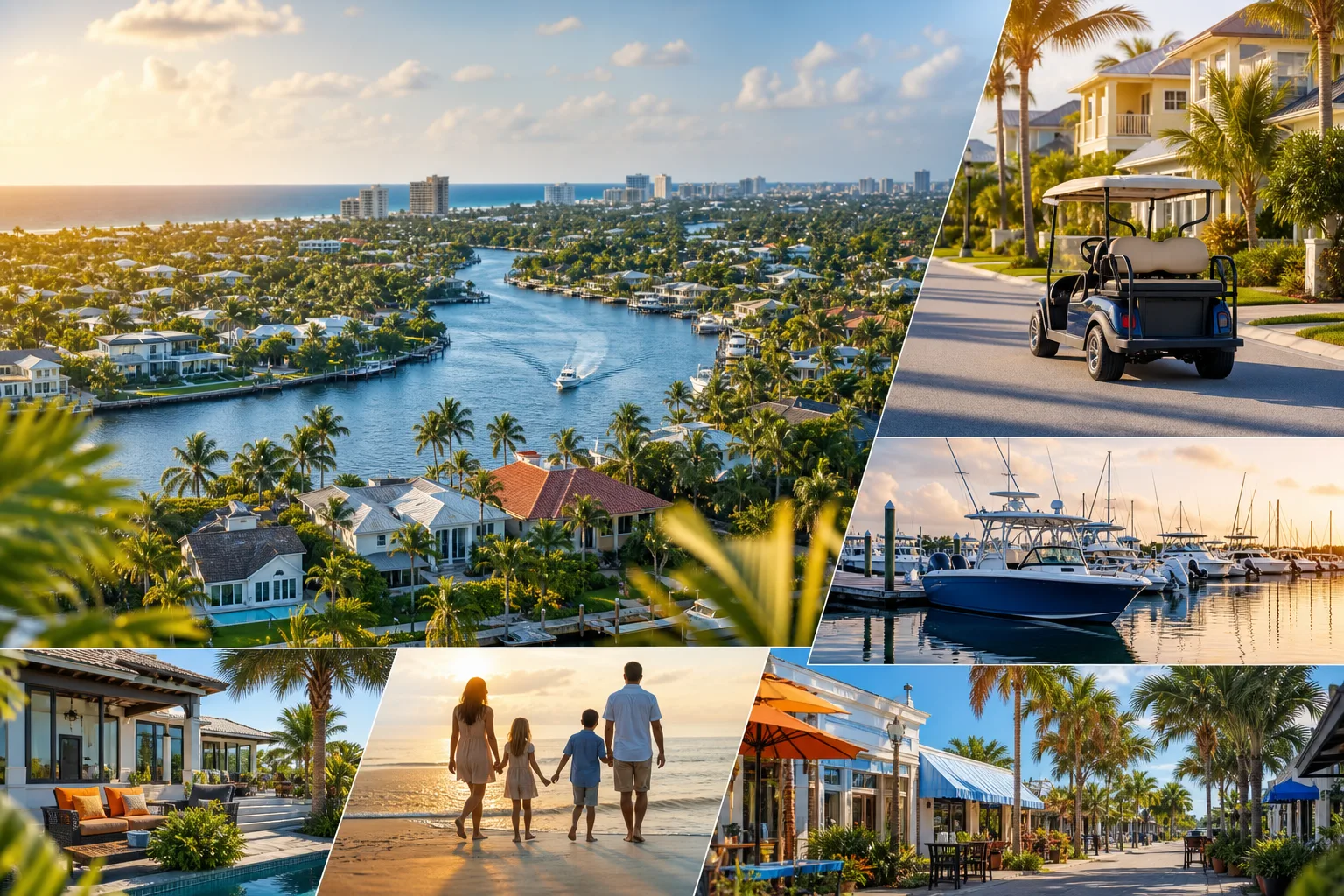 Collage of Palm Beach County coastal community: aerial waterway view, golf cart, marina, luxury home, family on beach, shops