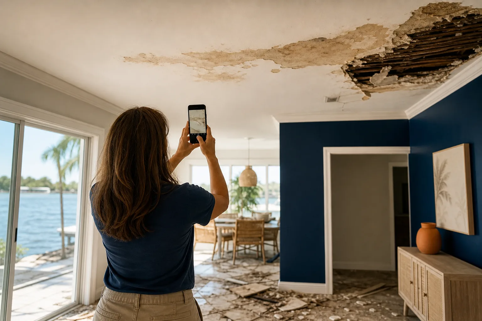 Woman photographing severely water-damaged ceiling with smartphone in storm-damaged waterfront home with debris on floor.