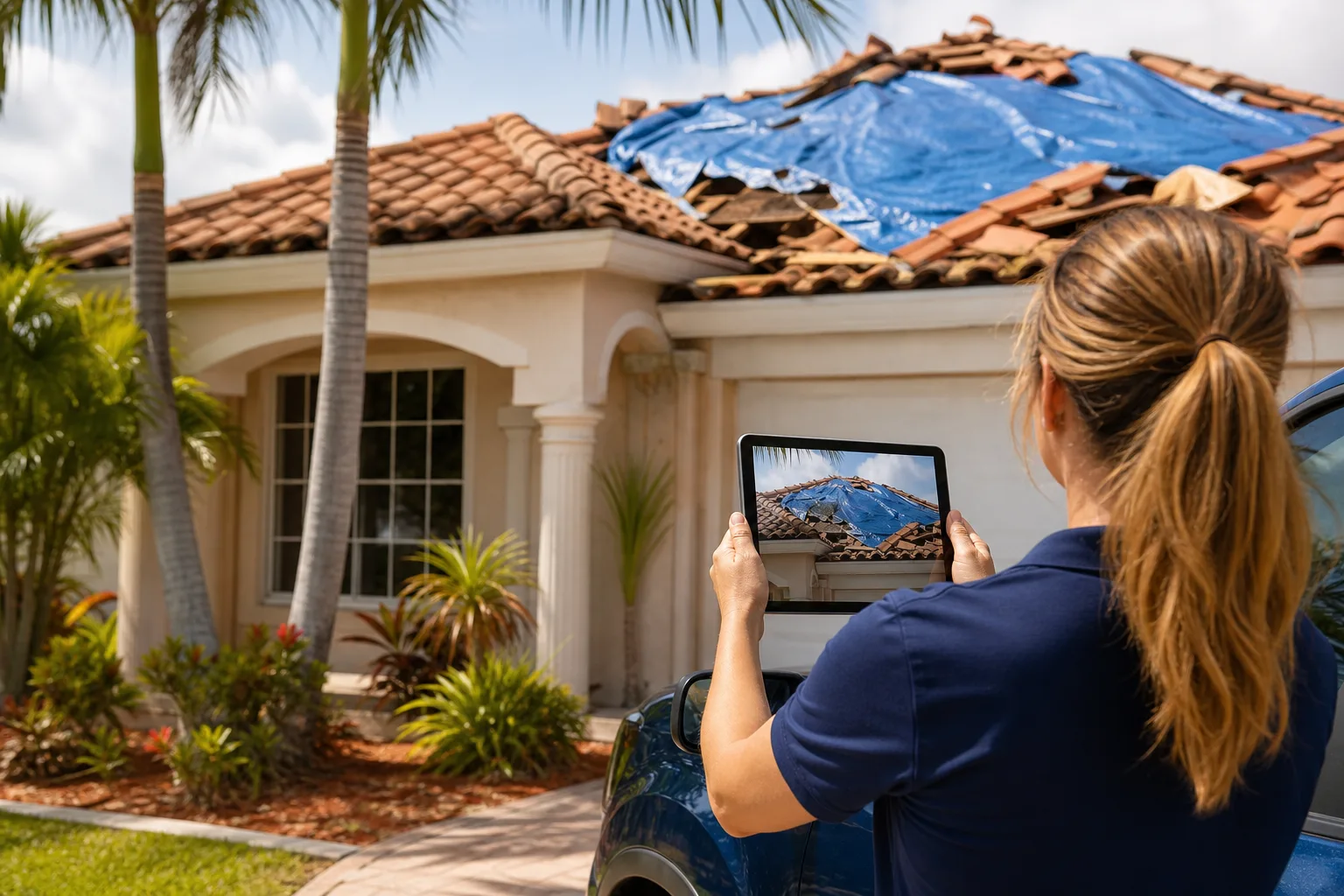 Woman photographing storm-damaged tile roof with blue tarp on Florida home using a tablet, standing beside a car.