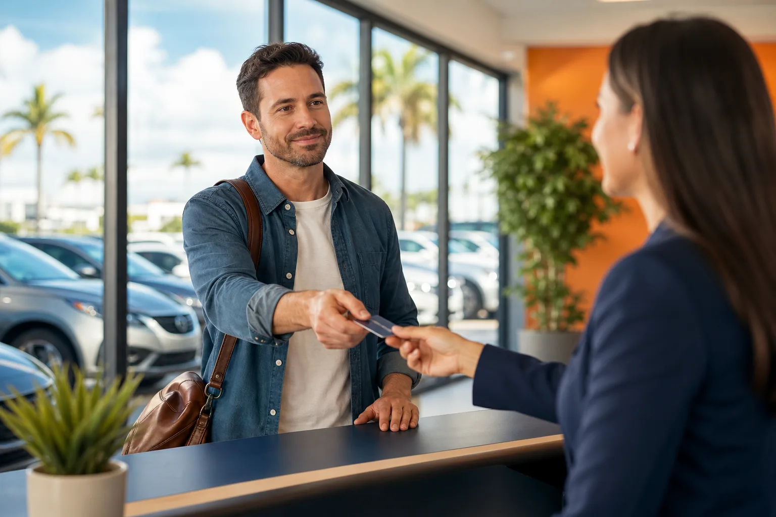 Man in denim shirt handing credit card to female agent at car rental counter, cars and palm trees visible through windows.