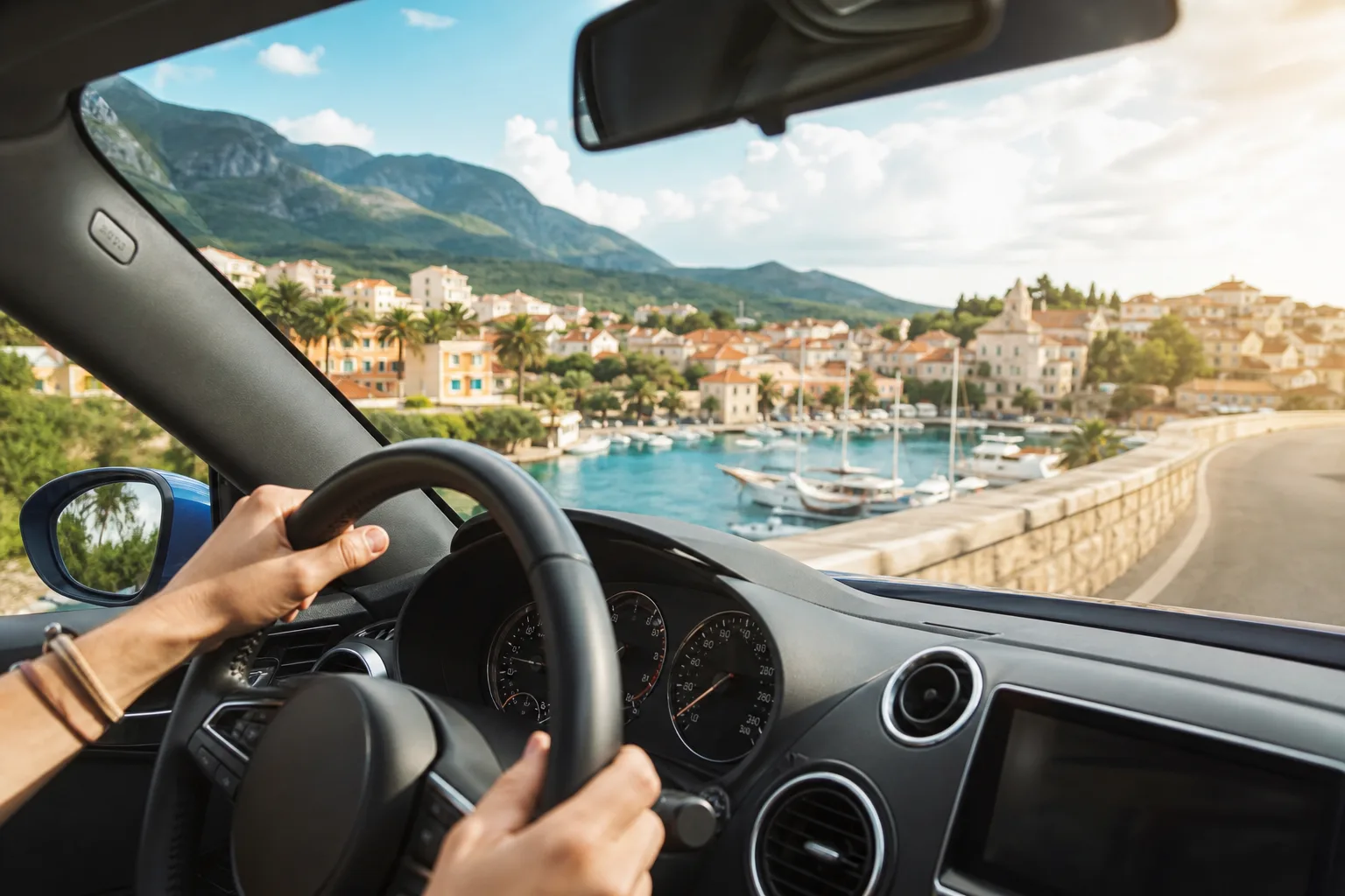 Driver's hands on steering wheel of a car driving along a scenic Mediterranean coastal town with harbor and mountains.