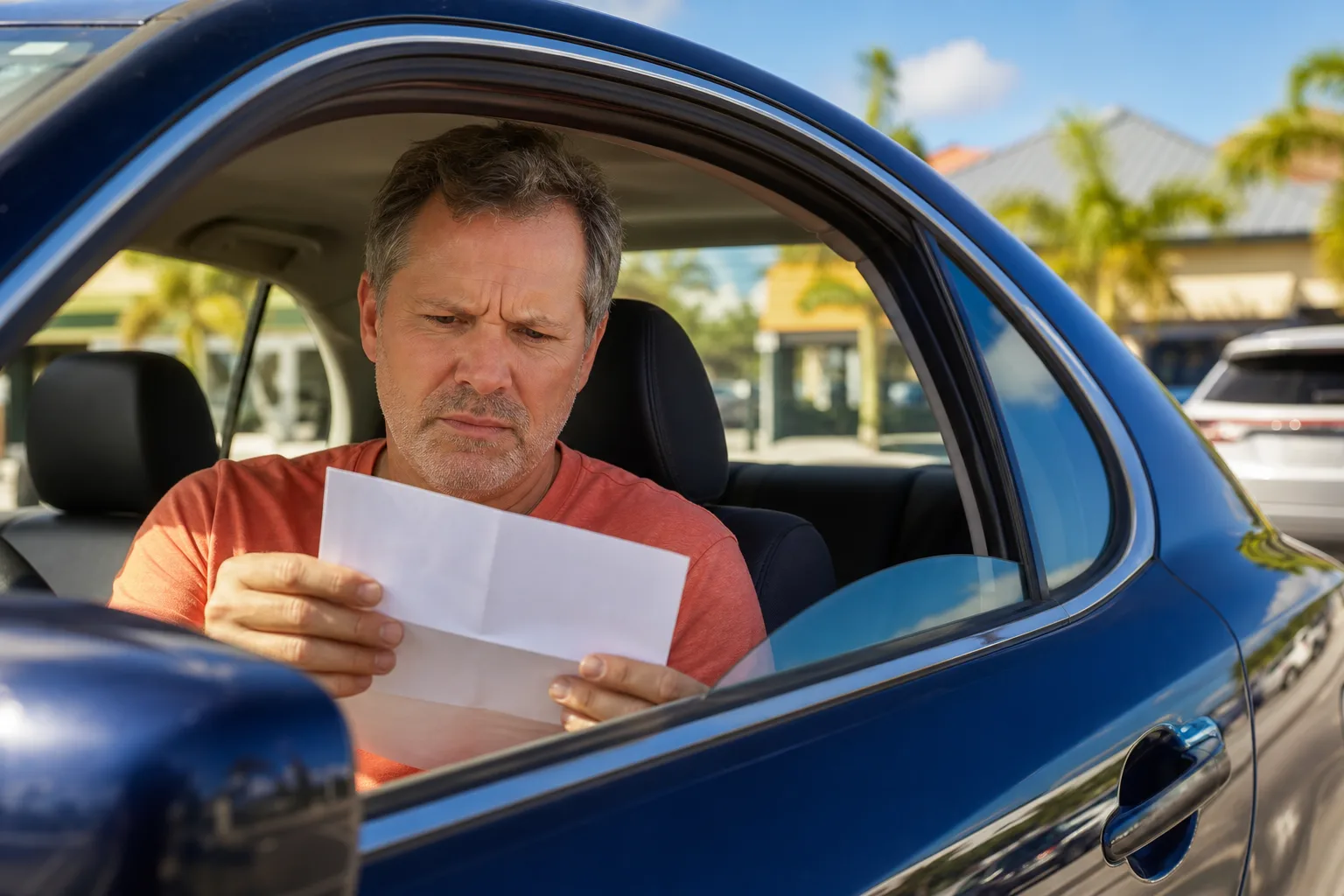 Middle-aged man sitting in a blue car in a sunny Florida parking lot, frowning while reading a blank white document.