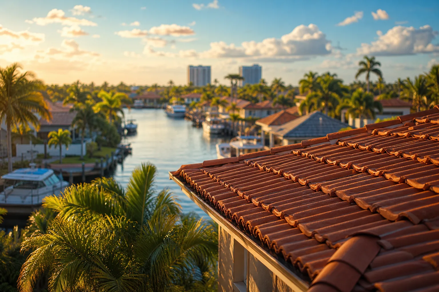 Aerial view of a Florida canal neighborhood with red tile roofs, palm trees, moored boats, and high-rise buildings at golden hour.