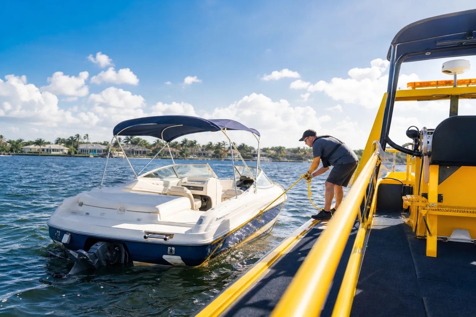Sea Tow worker on bright yellow rescue vessel attaches tow line to disabled blue-and-white powerboat on Florida coastal waters.