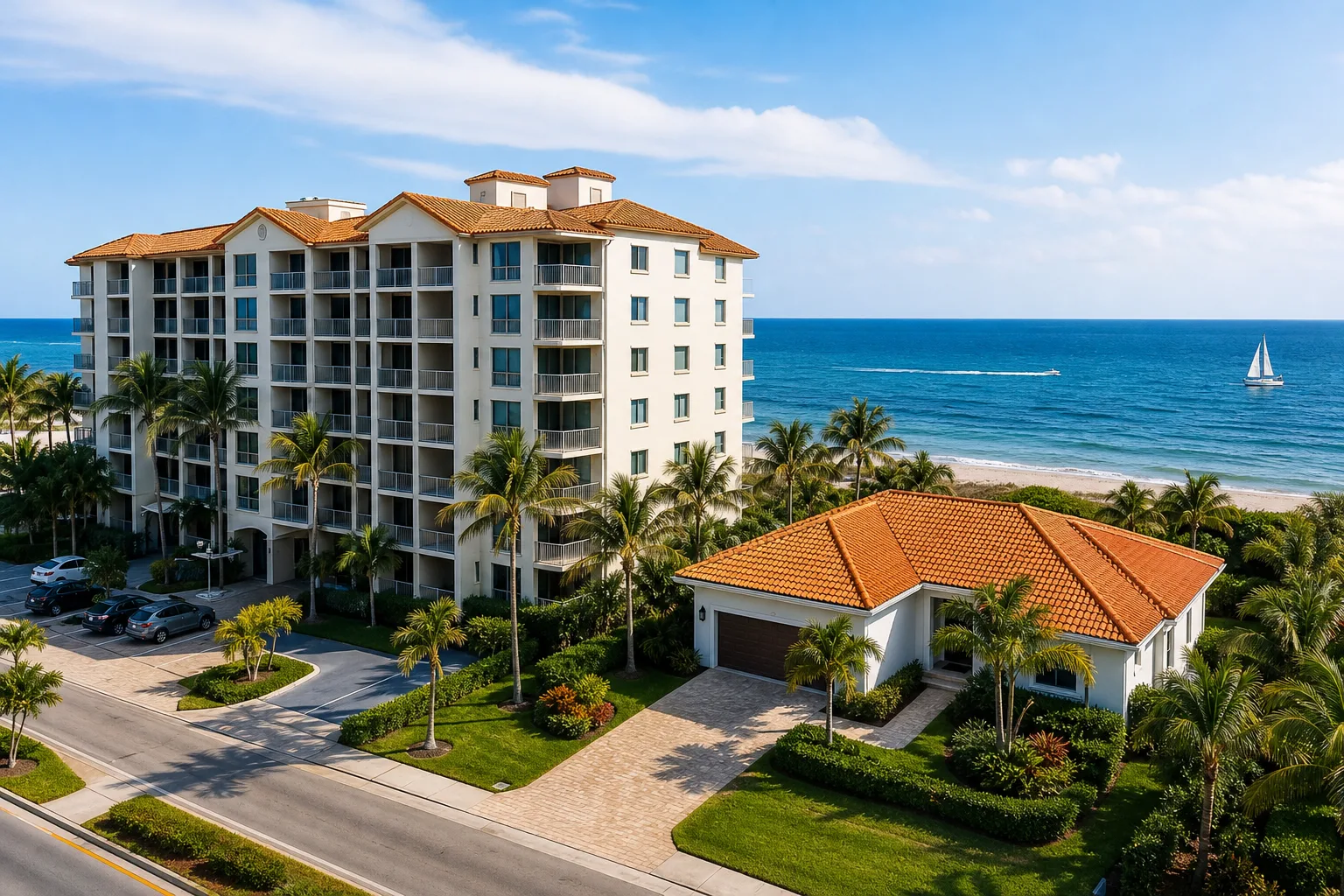 Aerial view of a white multi-story beachfront condo with terracotta roof beside a single-family home, palm trees, and ocean.