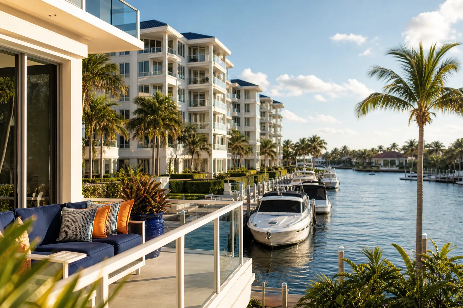 Waterfront condo balcony with navy seating, yachts docked on canal, palm trees, and luxury condo buildings in background.