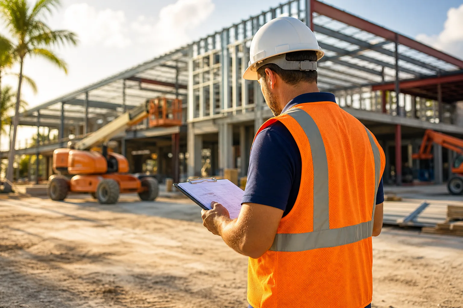 Construction supervisor in orange safety vest and white hard hat reviewing clipboard at a steel-frame commercial building site in Florida