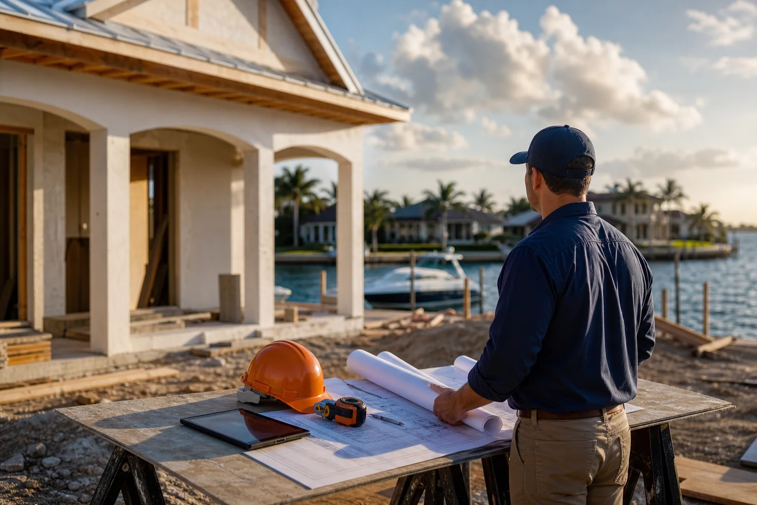 Contractor reviews blueprints at outdoor worksite table with hard hat and tape measure; waterfront home under construction behind him.