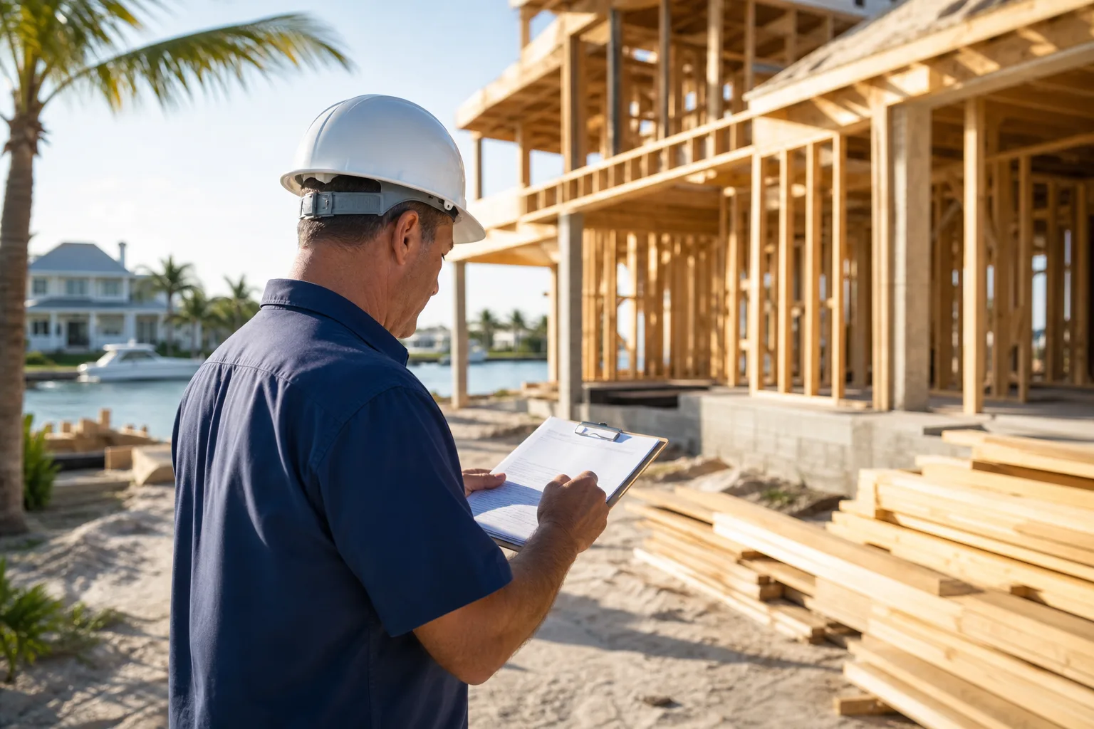 Construction inspector in white hard hat and blue shirt reviews clipboard at waterfront residential wood-framed building site.