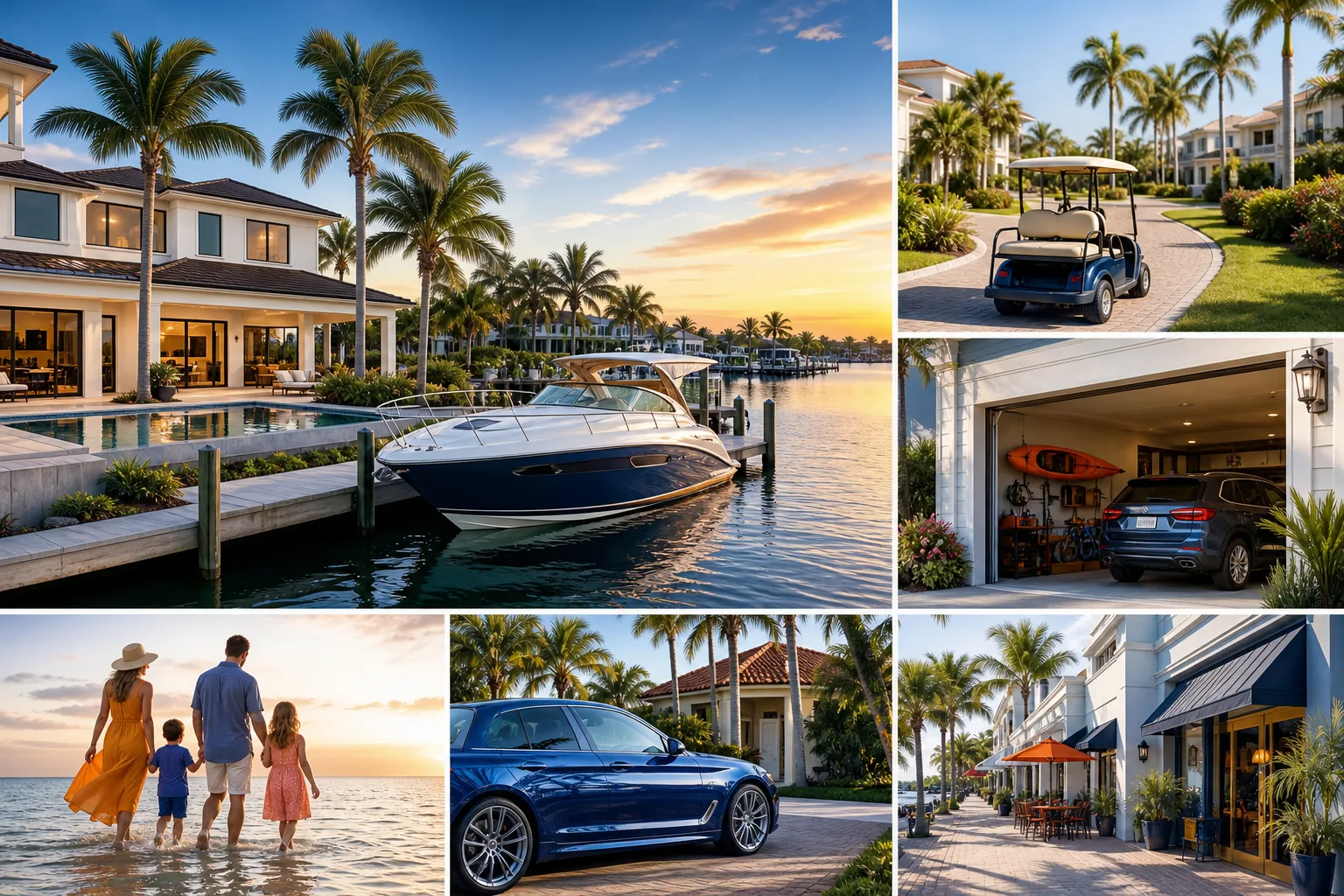 Collage of Florida luxury waterfront home, boat, golf cart, garage, luxury car, family on beach, and outdoor shops.