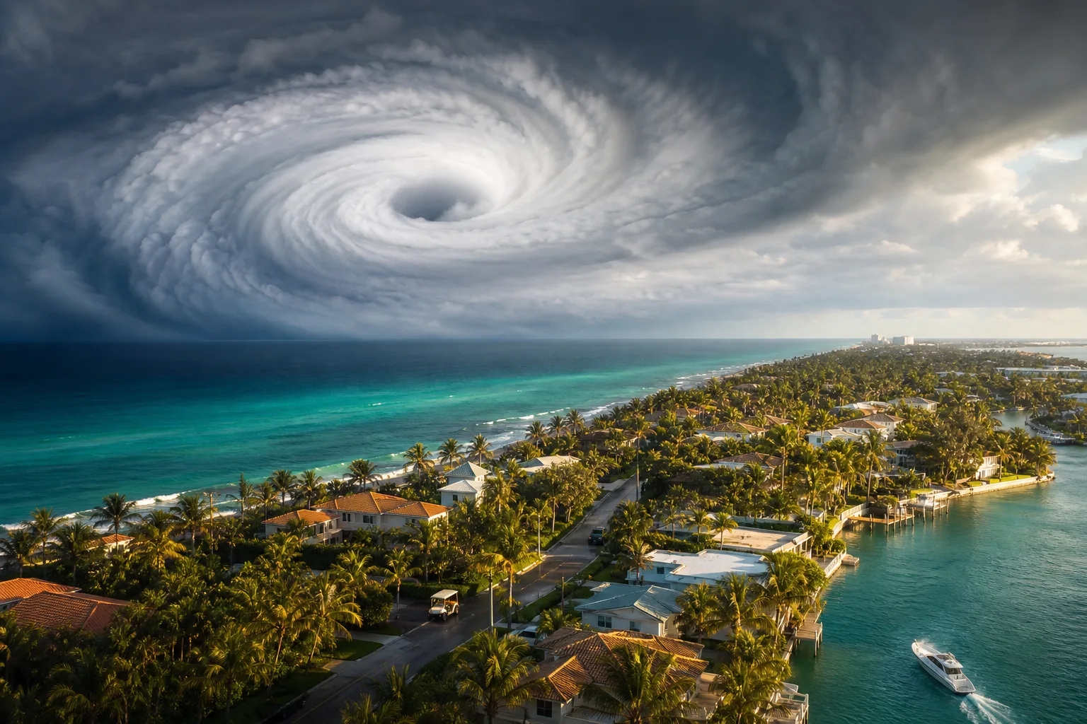 Aerial view of a Florida barrier island with palm-lined homes and turquoise water beneath a massive spiraling hurricane.