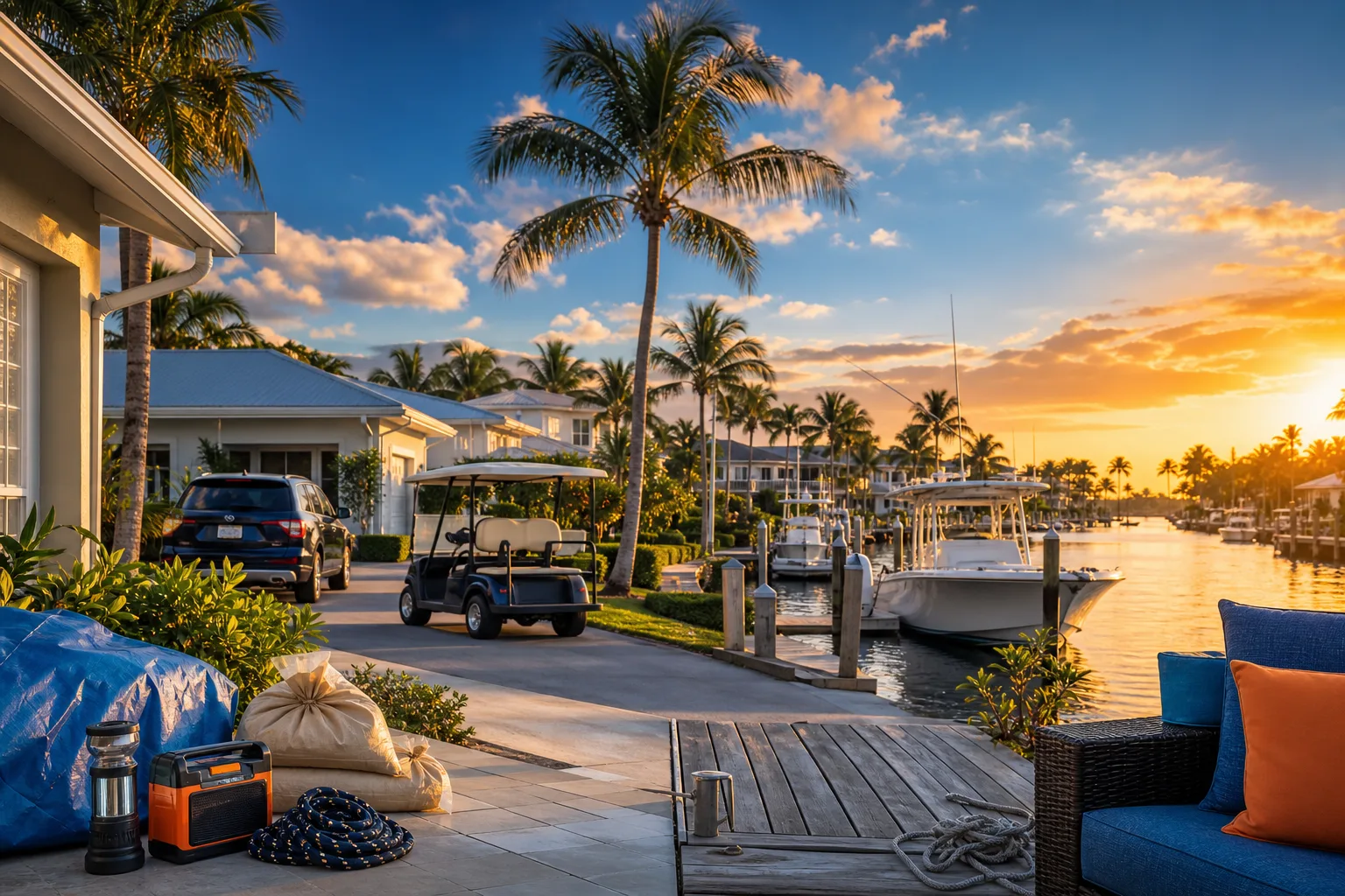 Waterfront Florida home at sunset with boats docked, golf cart, palm trees, and hurricane prep supplies including sandbags, tarp, and emergency radio.