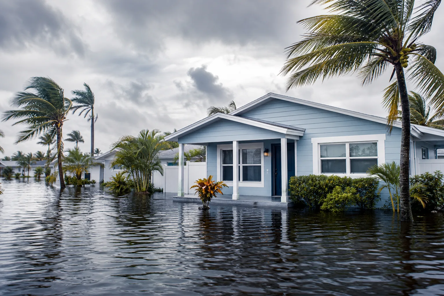 Light blue single-story house surrounded by floodwater, palm trees bending in wind, overcast stormy sky, Florida setting.