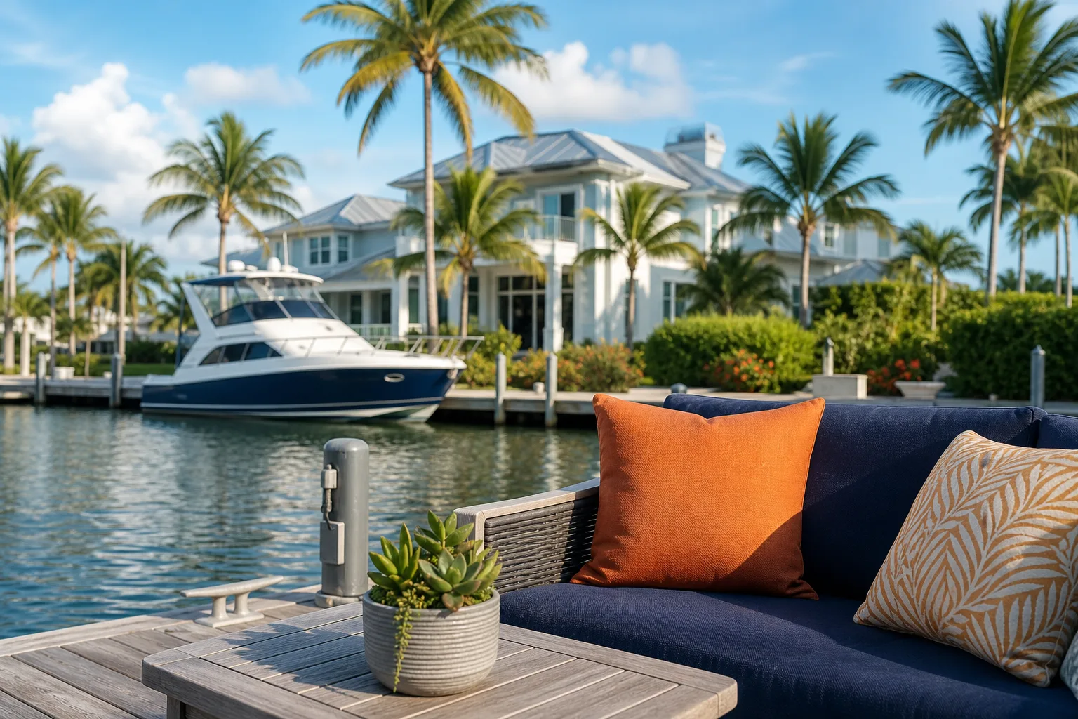 Upscale Florida waterfront home with docked yacht, viewed from a dock with navy outdoor sofa and orange accent pillows.