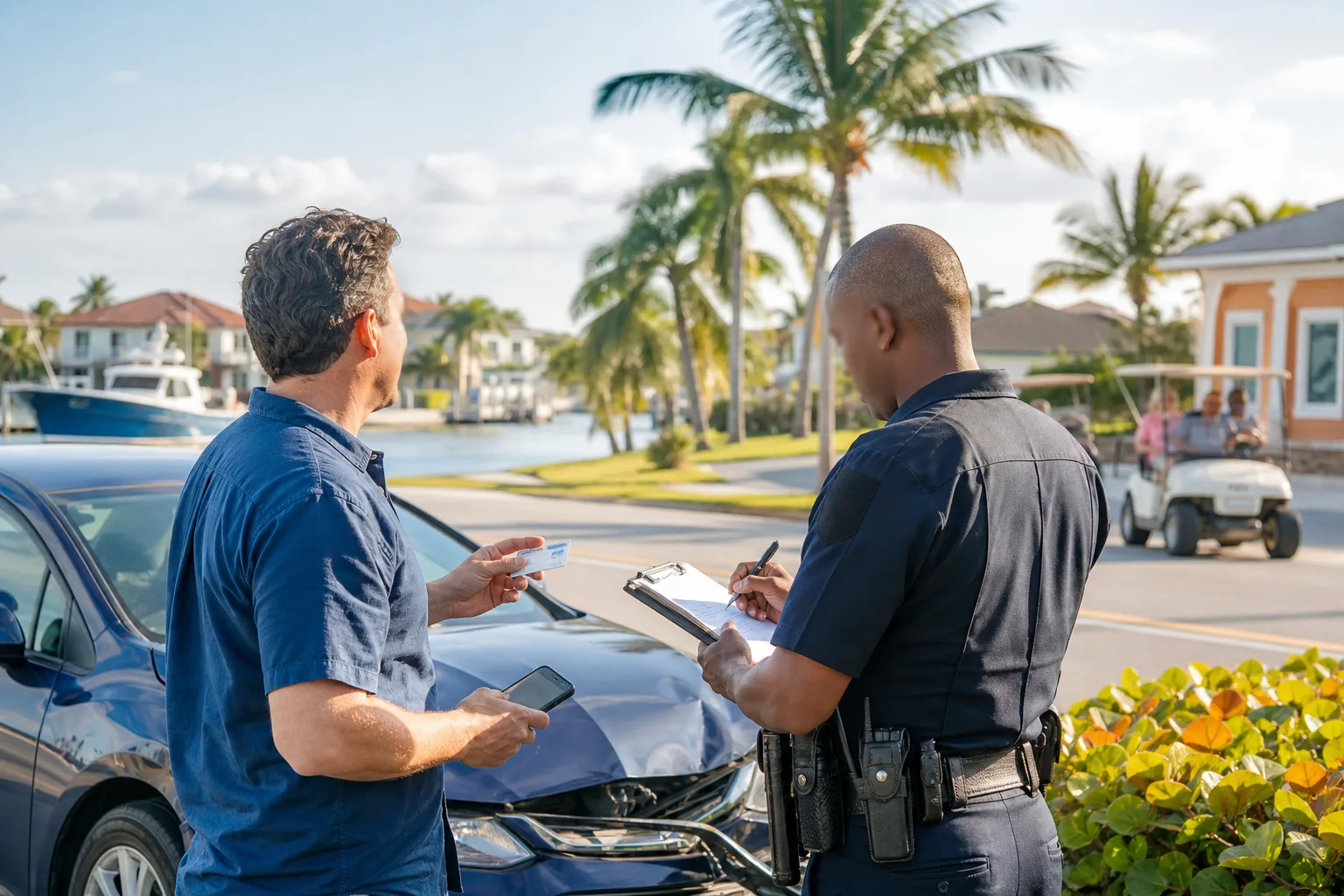 Driver holds insurance card and phone while police officer writes on clipboard beside damaged car on Florida roadside.