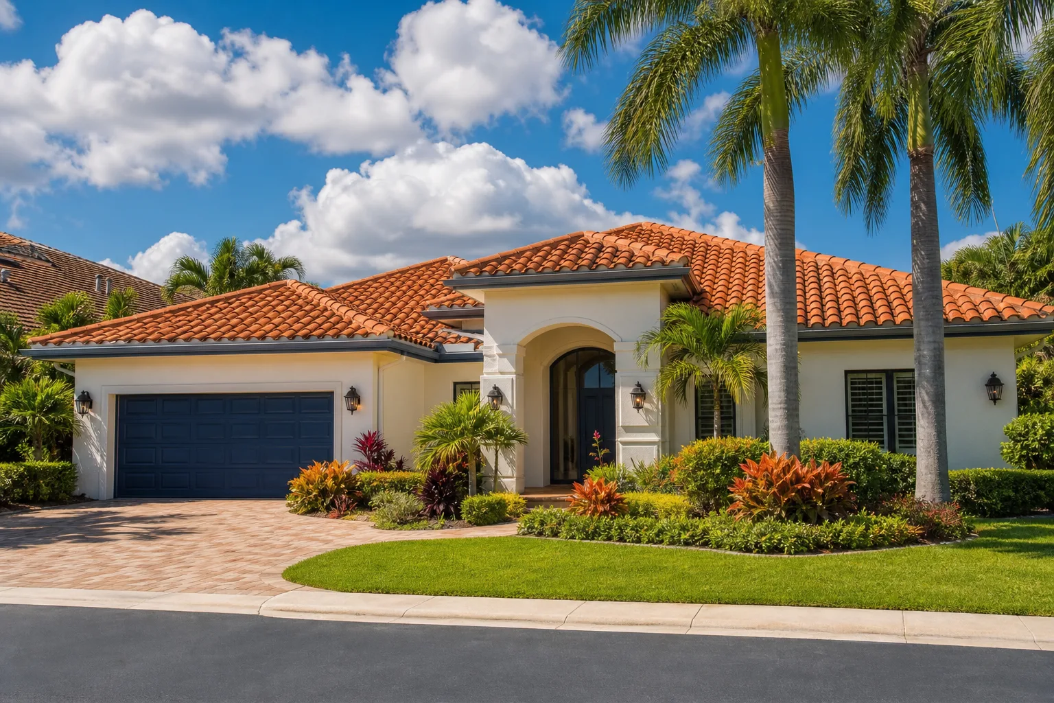 Single-story Florida Mediterranean-style home with terracotta tile roof, navy garage door, palm trees, and tropical landscaping.